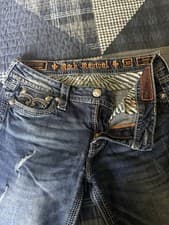 Rock Revival Bootcut Distressed Blue Denim Jeans Embroidered Accents 5-Pocket