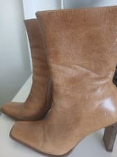 Steve Madden JEZELLE Leather Mid-Calf Bootie Tan Block Heel Zip Square Toe Women