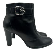 Antonio Melani Black Leather Ankle Boot 8.5 Buckle Block Heel Bootie Classic