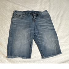 True Religion Ricky Relaxed Denim Jean Shorts Blue Frayed Hem Pockets