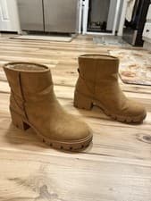 Tan Faux Suede Ankle Bootie Block Heel Faux Fur Lined Pull On Women's Boots