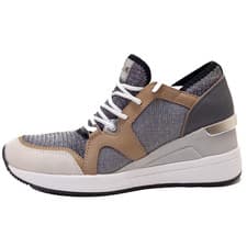 Michael Kors Liv Trainer Wedge Sneaker 5.5M Silver Tan MK Logo