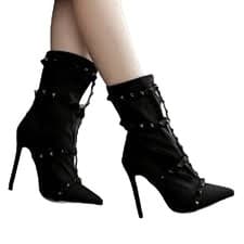 Studded Heels Womens Size 8.5 Mid-Calf Boots Pull On Black Pointed Toe Booties