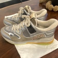 Gucci Ultrapace Silver Gray Men's Athletic Sneakers Lace Up Mesh Leather Auth.