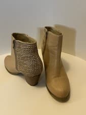 Women's Beige Leather Ankle Booties Braided Collar Zip Round Toe Block Heel