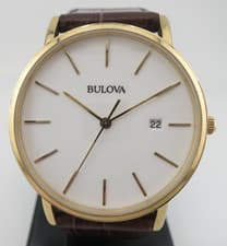 Bulova Gold-Tone Case Brown Leather Strap Quartz Watch - 97B100 - New Battery