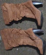 Brown Faux Suede Mid-Calf Slouch Boots Cone Heel Zip Comfort Western Women's 6.5