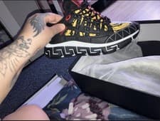 Versace Trigreca Baroque Lace Up Low Top Sneakers Black Yellow Men's Athletic