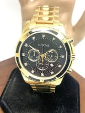 Bulova Men's Watch 97D121 Chronograph Diamond Black Dial Gold Stainless Steel