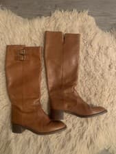 J Crew Brown Tall Leather Riding Boots Knee High Stacked Heel size 7 1/2